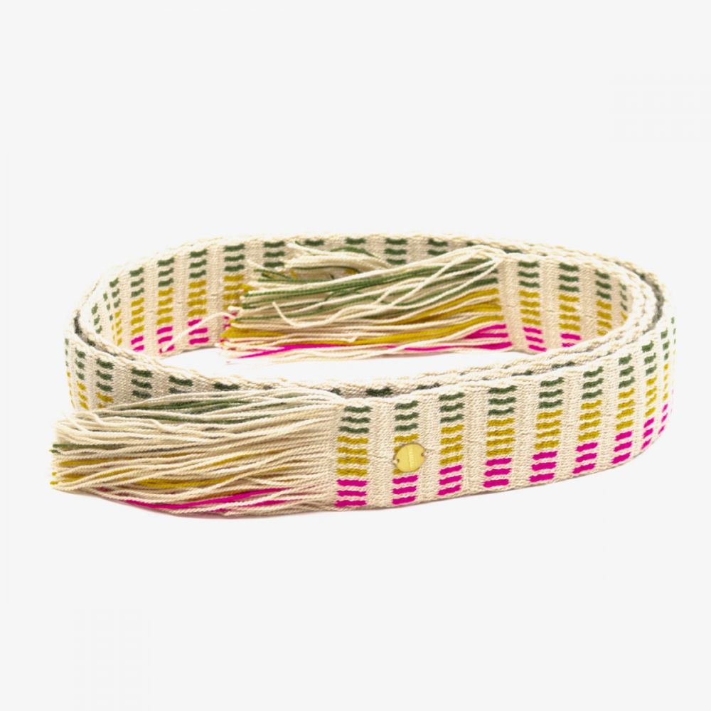 Belt with fringes - Beige, pink. mustard & green