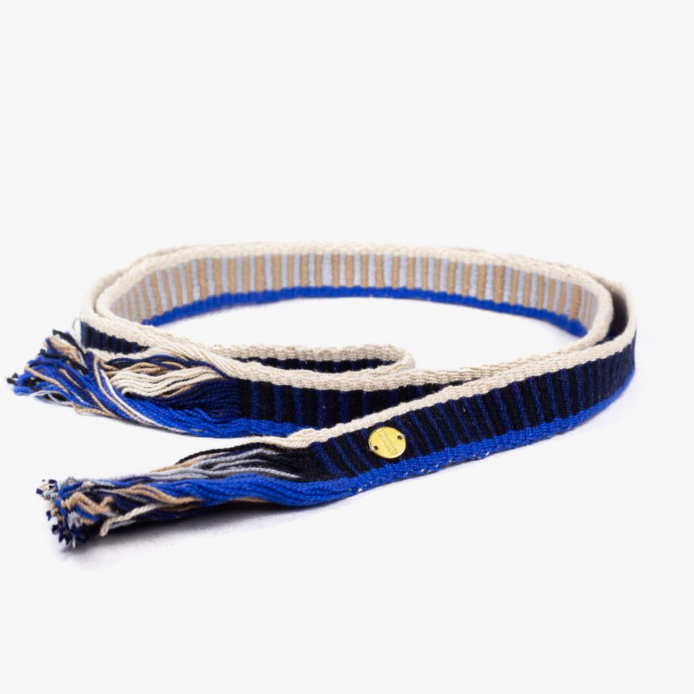 Thin cotton belt with fringes - Blue & Toast 